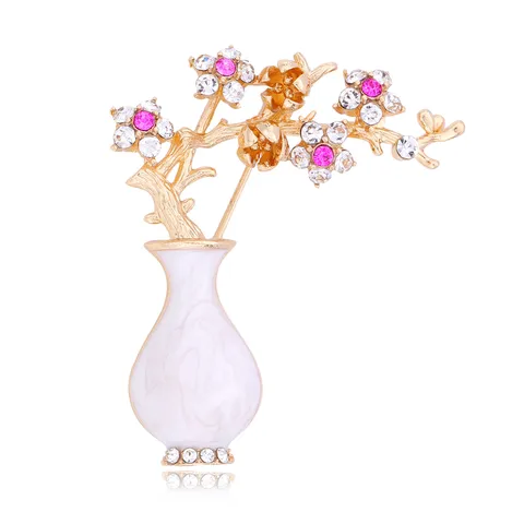 Vintage Enamel Vase Plum Blossom Brooch For Women Alloy Rhinestone Floral Lapel Pin Elegant Jewelry Accessory Gift