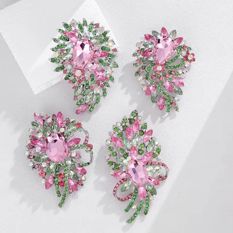 Vintage Alloy Rhinestone Flower Brooch Pin Pink Green Crystal Glass Floral Leaf Elegant Brooch Pin For Women Jewelry Gift