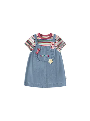 Girls Summer Cotton Striped T-Shirt And Denim Suspender Skirt Set Toddler Kids Casual Outfit