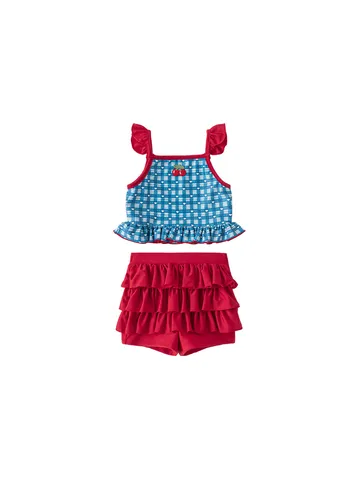 Girls Split Swimsuit Top And Bottom Plaid Cake Skirt Polyester Spandex Breathable High Stretch Kids Summer Beachwear