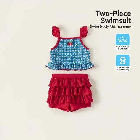 Girls Split Swimsuit Top And Bottom Plaid Cake Skirt Polyester Spandex Breathable High Stretch Kids Summer Beachwear