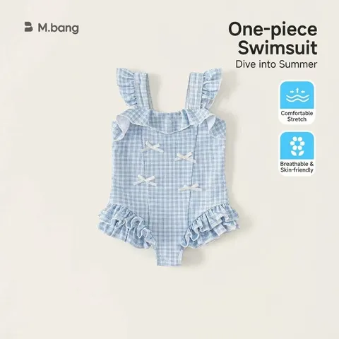 Girl's One-Piece Swimsuit Summer Cute Plaid Ruffle Bowknot Swimwear Children Beach Vacation Bathing Suit