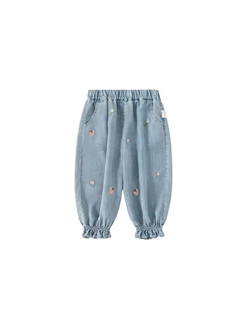 Girls Denim Pants Summer Thin Lyocell Fiber Children's Casual Pants Floral Embroidery Elastic Waist Kids Pants