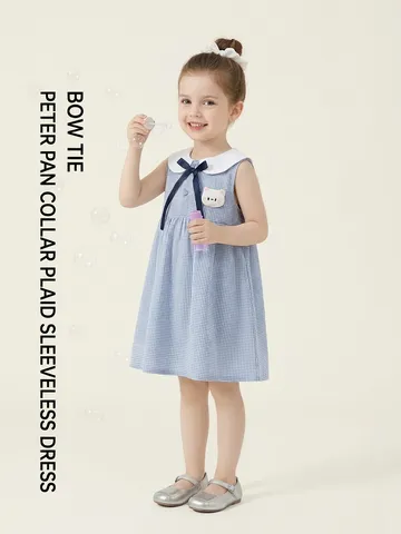 Bébé Filles Été Robe Gingham Mignon Col Claudine Nœud Papillon Robe Princesse Trapèze Tout-Petits Enfants Vêtements Quotidiens Décontractés