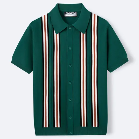 Men's Retro Striped Knit Polo Shirt Slim Fit Business Casual Vertical Stripe Short Sleeve Button Down Cardigan Top