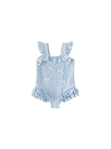 Girl's One-Piece Swimsuit Summer Cute Plaid Ruffle Bowknot Swimwear Children Beach Vacation Bathing Suit