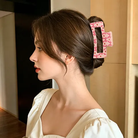 Sweet Pink Bow Cherry Thermal Transfer Square Hair Claw Clip PS Plastic Shark Clip For Women Girls Hair Styling Accessories