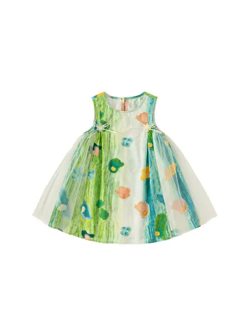 Abito Senza Maniche Estivo per Ragazze Bambini Carino Stampa Floreale Graffiti Giunzione in Rete Abito Principessa Casuale Abiti in Cotone per Bambini