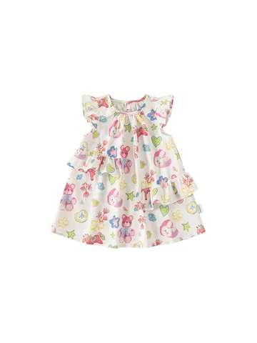 Abito in Cotone Estivo per Neonata Bambina Dolce Stampa Floreale Cartoon Principessa A-Line Senza Maniche Volant Abbigliamento Bambini
