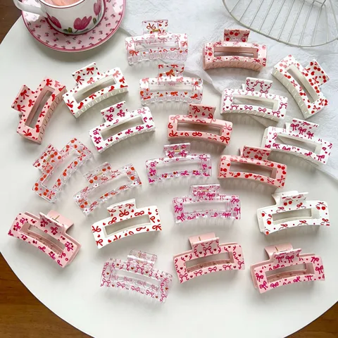 Sweet Pink Bow Cherry Thermal Transfer Square Hair Claw Clip PS Plastic Shark Clip For Women Girls Hair Styling Accessories