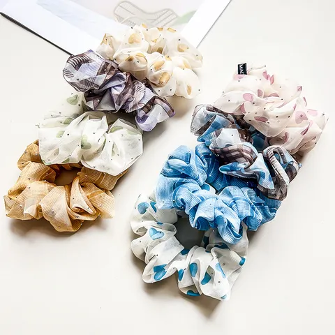 Summer Chiffon Rhinestone Scrunchies Sweet Heart Plaid Hair Ties Elastic Hair Bands Elegant Korean Style Hair Accessories For Women Daily