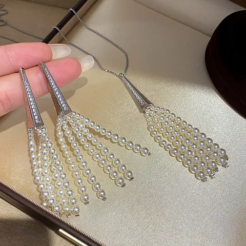 French Luxury Freshwater Pearl Tassel Earrings Necklace Alloy Rhinestone Triangle Long Drop Earrings For Women Fashion Jewelry