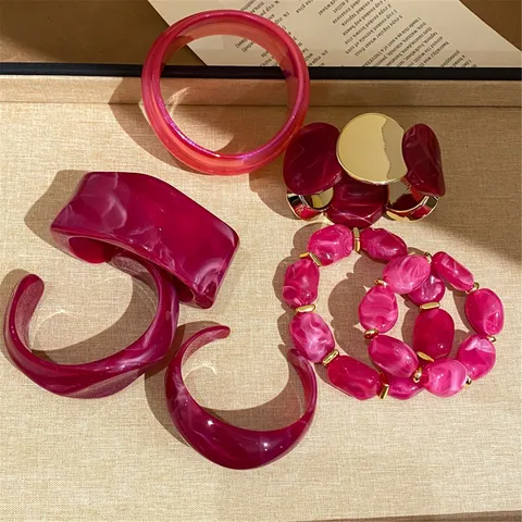 Fashion Acrylic Marbled Magenta Bangle Bracelet For Women Geometric Round Elastic Splicing Bangle European Style Hand Jewelry Accessory