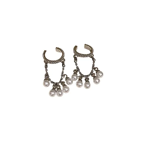Clips de Oreja de Aro Lunar con Borlas de Perla Artificial para Mujer Sin Perforación Pendientes Colgantes de Strass Plateado
