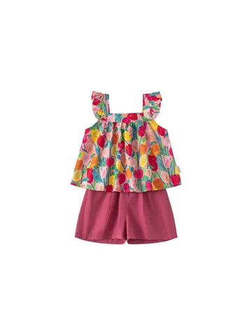 Girls Summer Floral Print Ruffle Sleeveless Top And Shorts Casual Cotton Top And Bottom Children Apparel