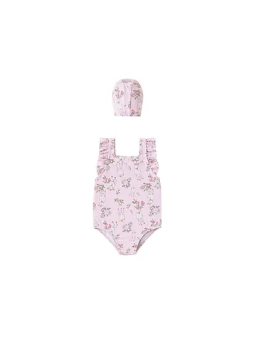 Girls One-Piece Swimsuit Cute Floral Deer Print Ruffle Strap Swimwear With Swim Hat Summer Beach Kids Bathing Suit