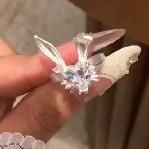 Süßes Kupfer Zirkonia Herz Hasenohr Ohrstecker Verstellbarer Offener Ring Für Damen Minimalist Silber Farbe Tier Schmuck Geschenk