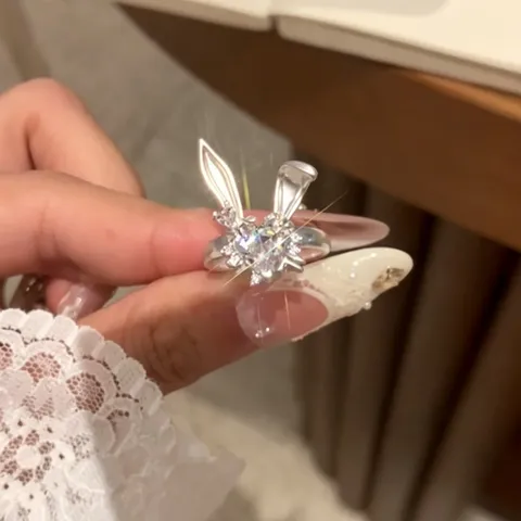 Süßes Kupfer Zirkonia Herz Hasenohr Ohrstecker Verstellbarer Offener Ring Für Damen Minimalist Silber Farbe Tier Schmuck Geschenk