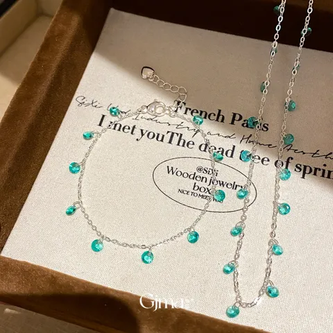 Minimalistische Kupfer Zirkonia Halskette Armband Set Minzgrün Schmuck Versilbert Sommer Frische Schlüsselbeinkette Für Damen