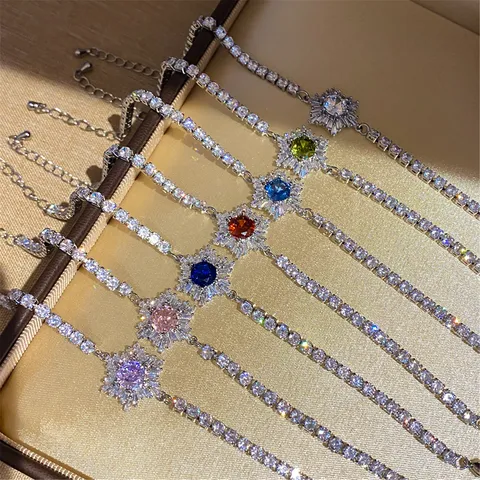 Elegant Alloy Rhinestone Rose Flower Charm Bracelet Shiny Cluster Tennis Chain Adjustable Wrist Bangle For Women Daily Banquet Fine Jewelry Gift