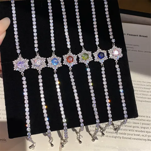 Elegant Alloy Rhinestone Rose Flower Charm Bracelet Shiny Cluster Tennis Chain Adjustable Wrist Bangle For Women Daily Banquet Fine Jewelry Gift