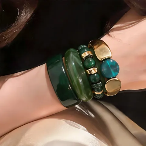 Luxurious Dark Green Marble Texture Resin Bangle For Women Retro European Cool Style Resin Alloy Splice Geometric Bracelet Hand Jewelry