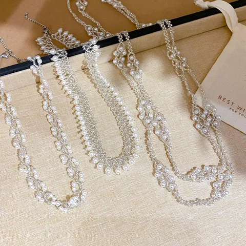 Elegant Woven Mesh Artificial Pearl Necklace Alloy Electroplated Hollow Beads Choker Resort Style Luxury Statement Long Chain Sweater Necklace For Women Gift Jewelry