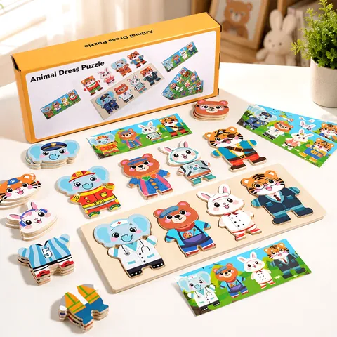 Puzzle d'Habillage d'Animaux en Bois pour Enfants Jouet d'Apprentissage Précoce Éducatif Jeu de Plateau Puzzle Ours Cartoon