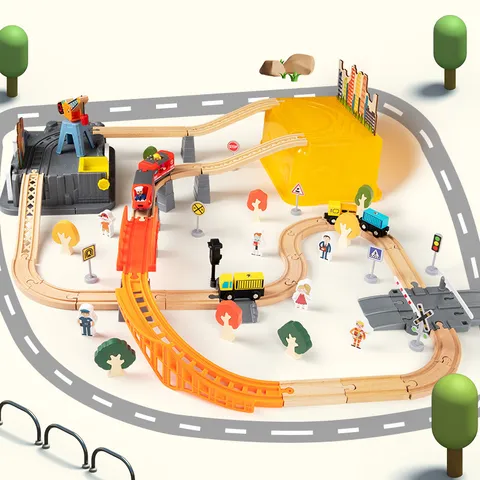 Jouet Piste Train en Bois Blocs Construction Scène Traffic Urbain Éducatif pour Enfants