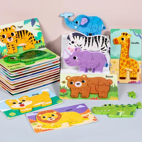 Enfants Bois 3D Animal Puzzle Montessori Éducatif Apprentissage Précoce Jouet Cartoon Puzzle Planche Cognition Animale Cadeau