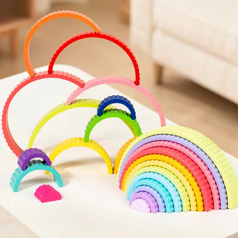 Blocs d'Empilement Arc-en-ciel en Bois Jouet Éducatif pour Enfants Blocs de Construction Colorés en Arc Jouets de Développement Montessori