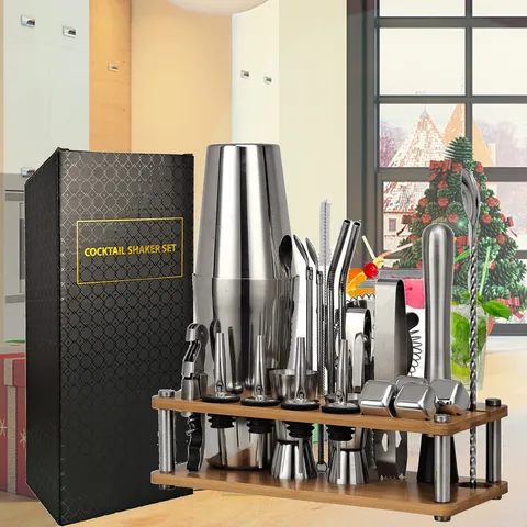 Kit De Coctelera De Acero Inoxidable Con Soporte De Bambú Mezclador De Cócteles Herramientas De Bar Para Fiesta En Casa