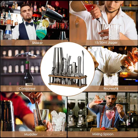 Kit De Coctelera De Acero Inoxidable Con Soporte De Bambú Mezclador De Cócteles Herramientas De Bar Para Fiesta En Casa