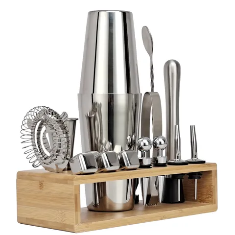 Edelstahl Cocktail Shaker Set Professionelles Barkeeper Kit Mit Bambus Ständer Bar Werkzeug Zubehör Für Zuhause Bar Party