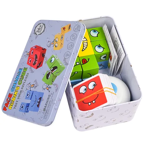 Bloques de Construcción de Cubo Mágico Cambiante de Cara de Madera para Niños Juguete de Rompecabezas Educativo Con Caja de Hierro Y Campana Interactiva