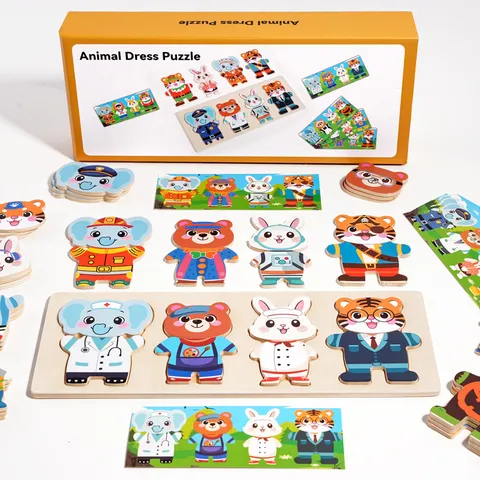 Puzzle d'Habillage d'Animaux en Bois pour Enfants Jouet d'Apprentissage Précoce Éducatif Jeu de Plateau Puzzle Ours Cartoon
