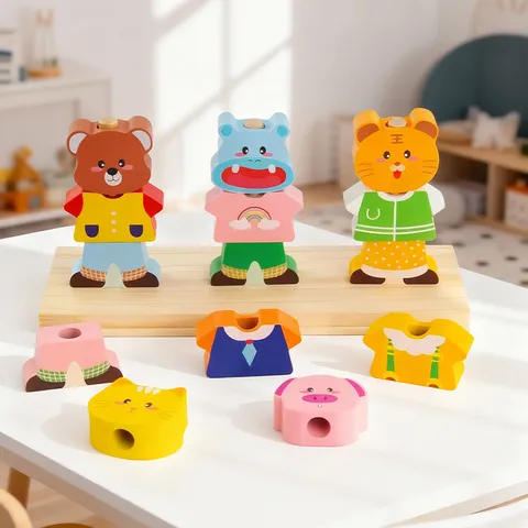 Jouet Puzzle d'Habillage d'Animaux en Bois Cartoon Éducation Précoce Blocs Assortis Jouet Éducatif pour Enfants Cadeau