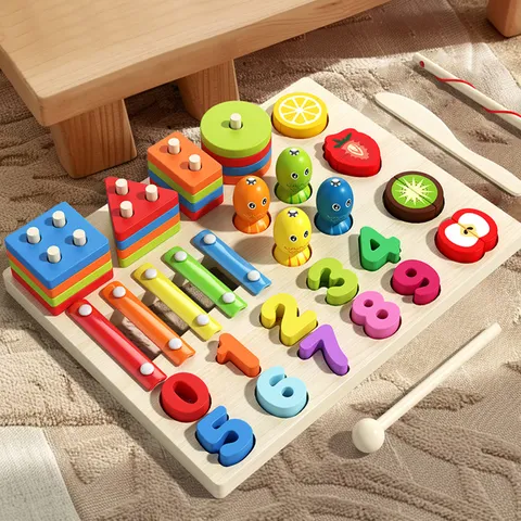 Wooden Multi-Function Early Educational Learning Toy Montessori Shape Number Color Sorting Fishing And Xylophone Toy For Kids