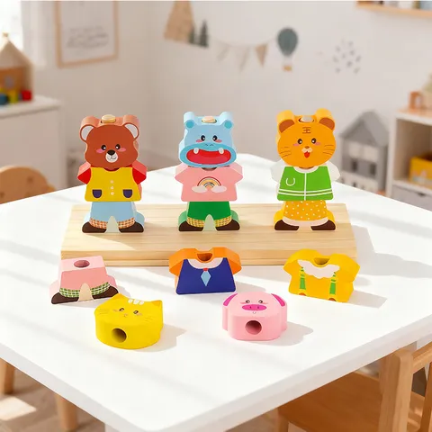 Jouet Puzzle d'Habillage d'Animaux en Bois Cartoon Éducation Précoce Blocs Assortis Jouet Éducatif pour Enfants Cadeau