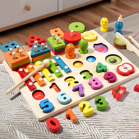 Ξύλινα Παιχνίδια Montessori Πέντε σε Ένα Ταξινόμηση Σχημάτων Παζλ Ψηφιακό Ξυλόφωνο Παιχνίδια Mάθησης