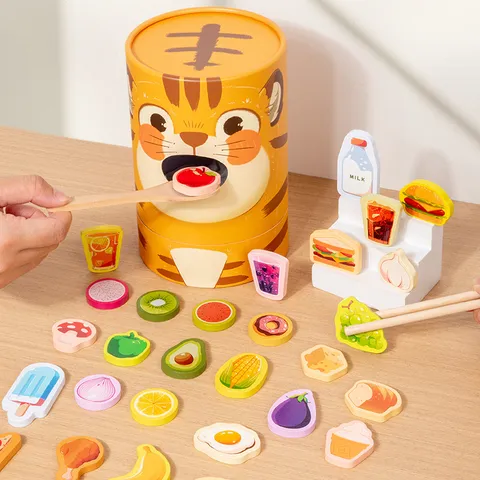 Hölzernes Tiger Fütterungsspiel Interaktives Frühes Lernspiel Feinmotorik Training Tischspiel Für Kleinkinder