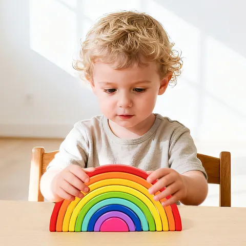 Blocs Emplables Arc-en-ciel en Bois Jouet Éducatif Montessori Entraînement à l'Équilibre Jeu de Construction
