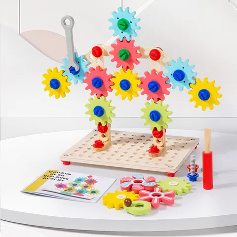Blocs de Construction en Engrenage en Bois Jouet d'Apprentissage Éducatif pour Enfants Ensemble de Briques d'Assemblage Mécanique