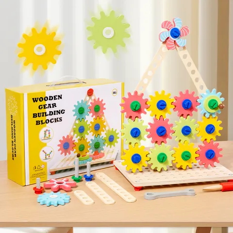 Blocs de Construction en Engrenage en Bois Jouet d'Apprentissage Éducatif pour Enfants Ensemble de Briques d'Assemblage Mécanique