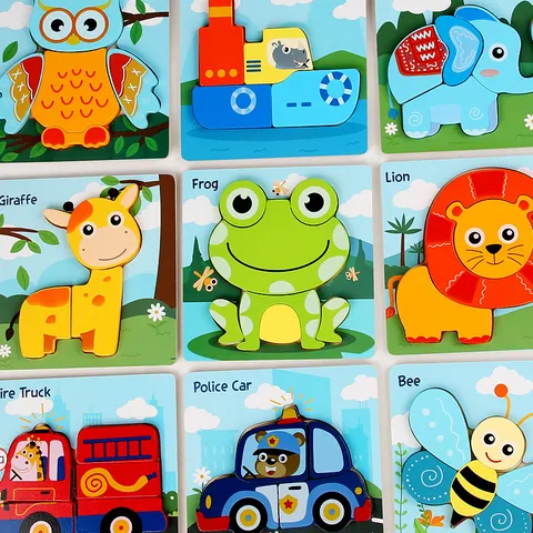 Puzzle de Dessin Animé en Bois 3D pour Enfants Jouet Éducatif Précoce Cognition Animaux Trafic