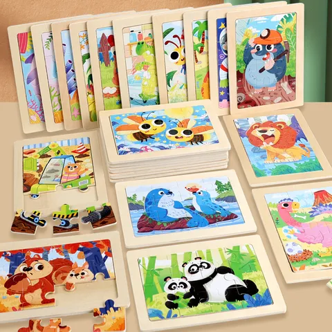 Puzzle Éducatif en Bois pour Enfants 12 Pièces Couleur Bois Animal Cartoon Dinosaure Jouet Montessori
