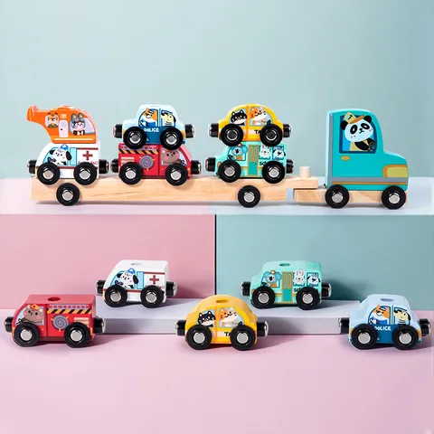 Ensemble de Jouets de Voiture Magnétique en Bois pour Enfants Tout-Petits Apprentissage Éducatif Précoce Véhicules Épissés Jouets Montessori