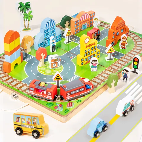 Ensemble de Blocs de Construction de Piste de Ville en Bois Jouet de Scène de Trafic Éducatif Pour Enfants