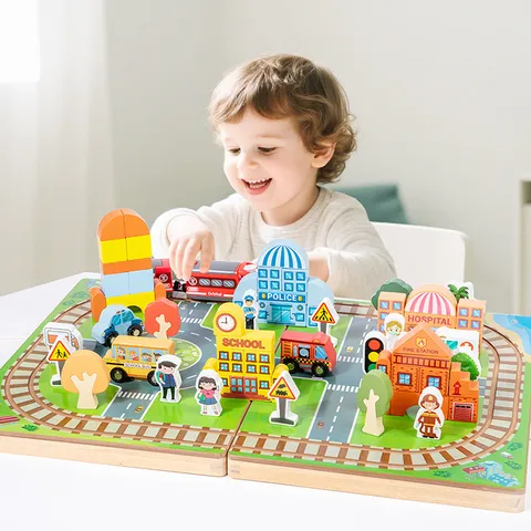 Ensemble de Blocs de Construction de Piste de Ville en Bois Jouet de Scène de Trafic Éducatif Pour Enfants