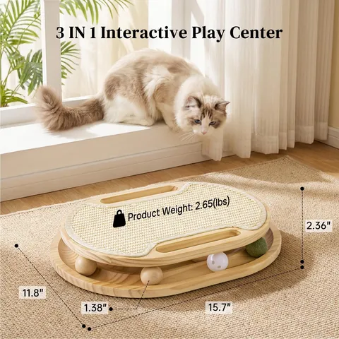 Wooden Cat Scratcher Toy Cat Turntable Track Interactive Pet Toy With Sisal Mat And Rolling Balls For Indoor Cats